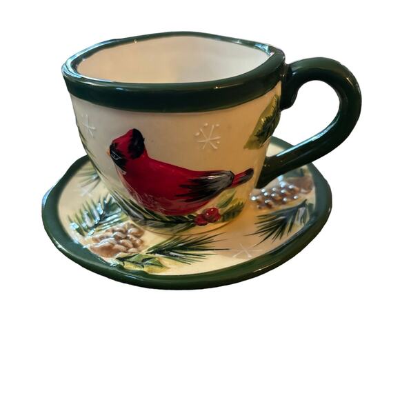 Yankee Candle Christmas Cup Saucer 2011 Cardinal Bird Ceramic Votive Tea Light - Picture 1 of 8